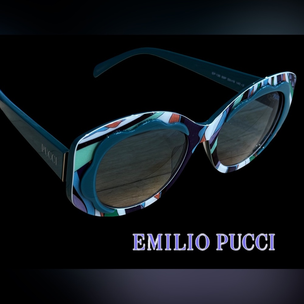 Emilio Pucci Multicolor Patterned Round Sunglasses w Teal Temples new with case! - Picture 4 of 9
